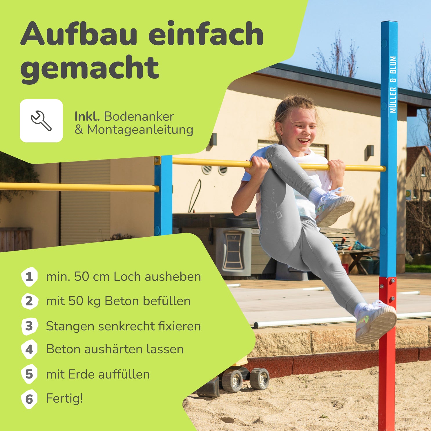Mädchen turnt fröhlich an einer höhenverstellbaren Reckstange eines Outdoor-Turngeräts im Garten. Die Aufbauanleitung zeigt die einfache Montage mit Bodenanker und Beton für das Klettergerüst für Kinder.