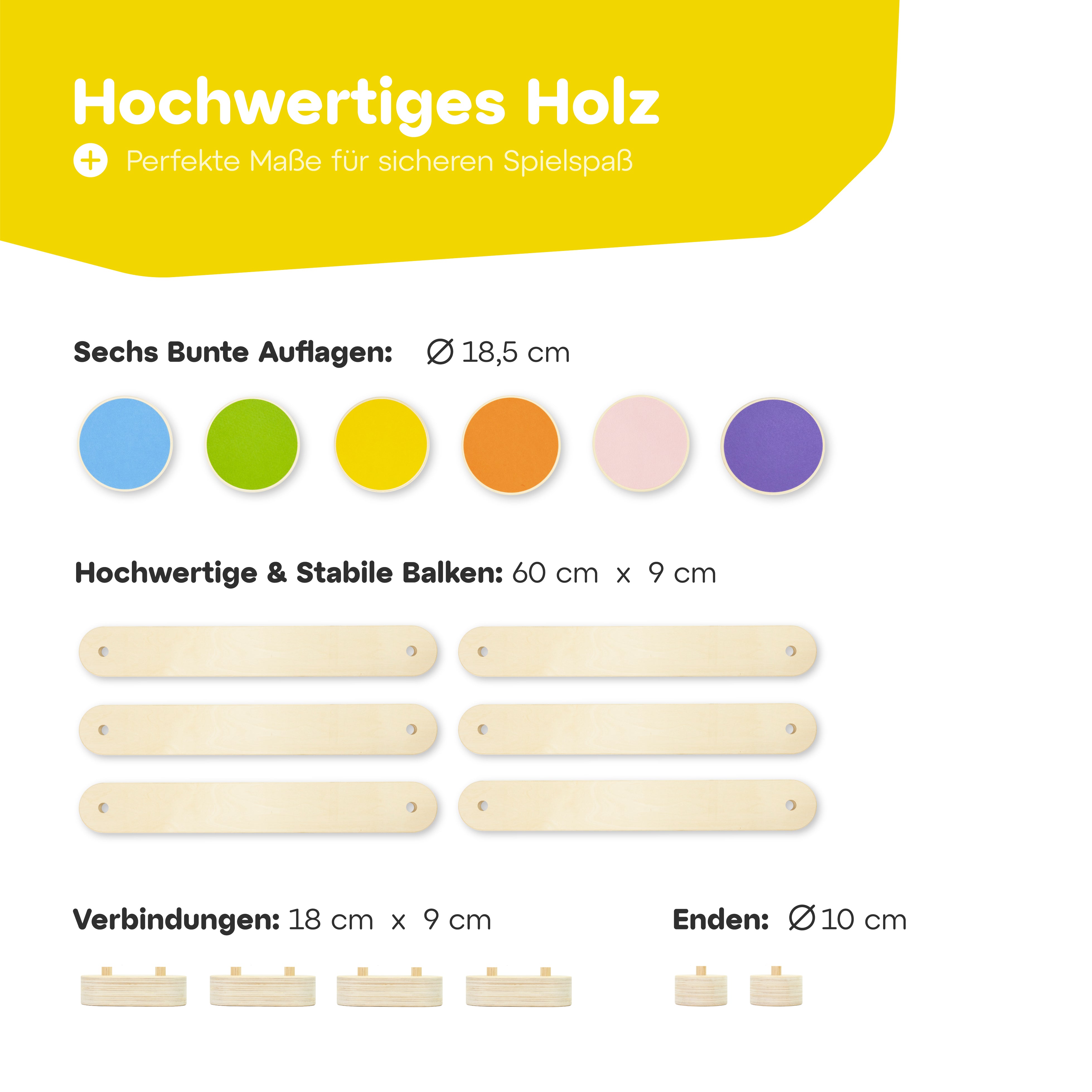 Hochwertiges Holzspielzeug mit Balancierbalken für Kinder, bestehend aus bunten Auflagen, stabilen Balken und Verbindungen, ideal zum sicheren Spielen und Balancieren.