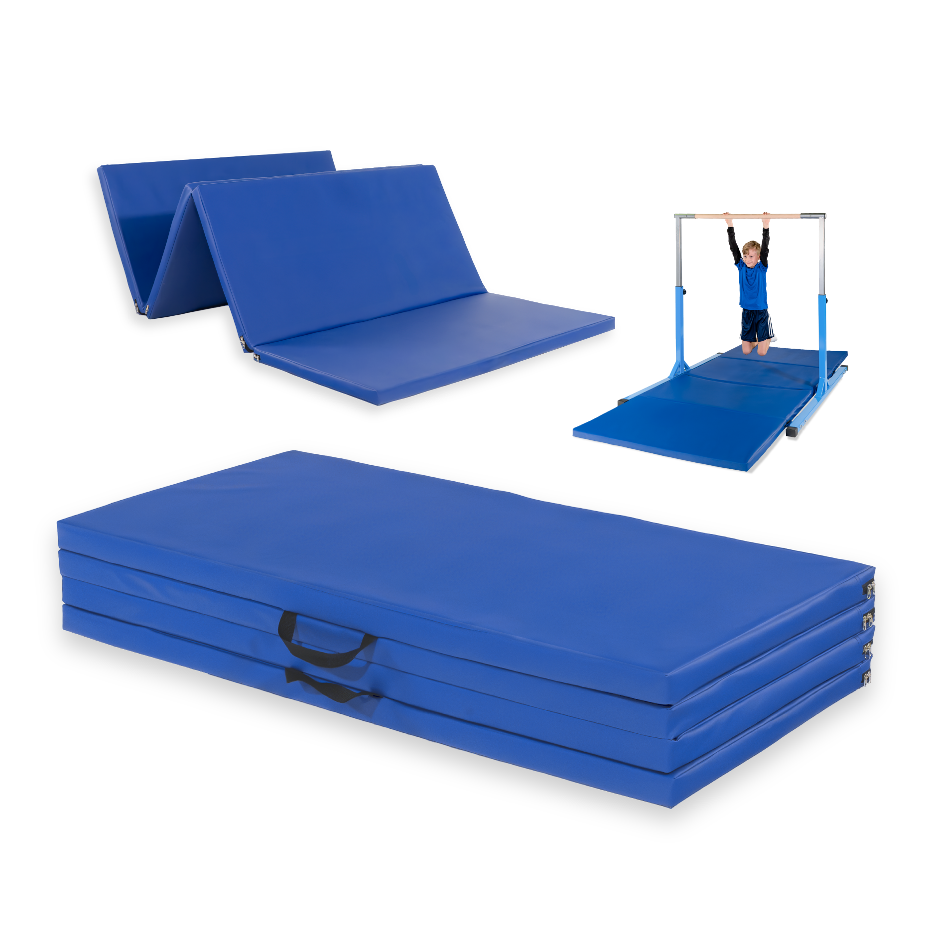 Klappbare blaue Gymnastikmatte und Turnreck, ideal für Jungen und sportliche Aktivitäten, geeignet für Indoor und Outdoor.
