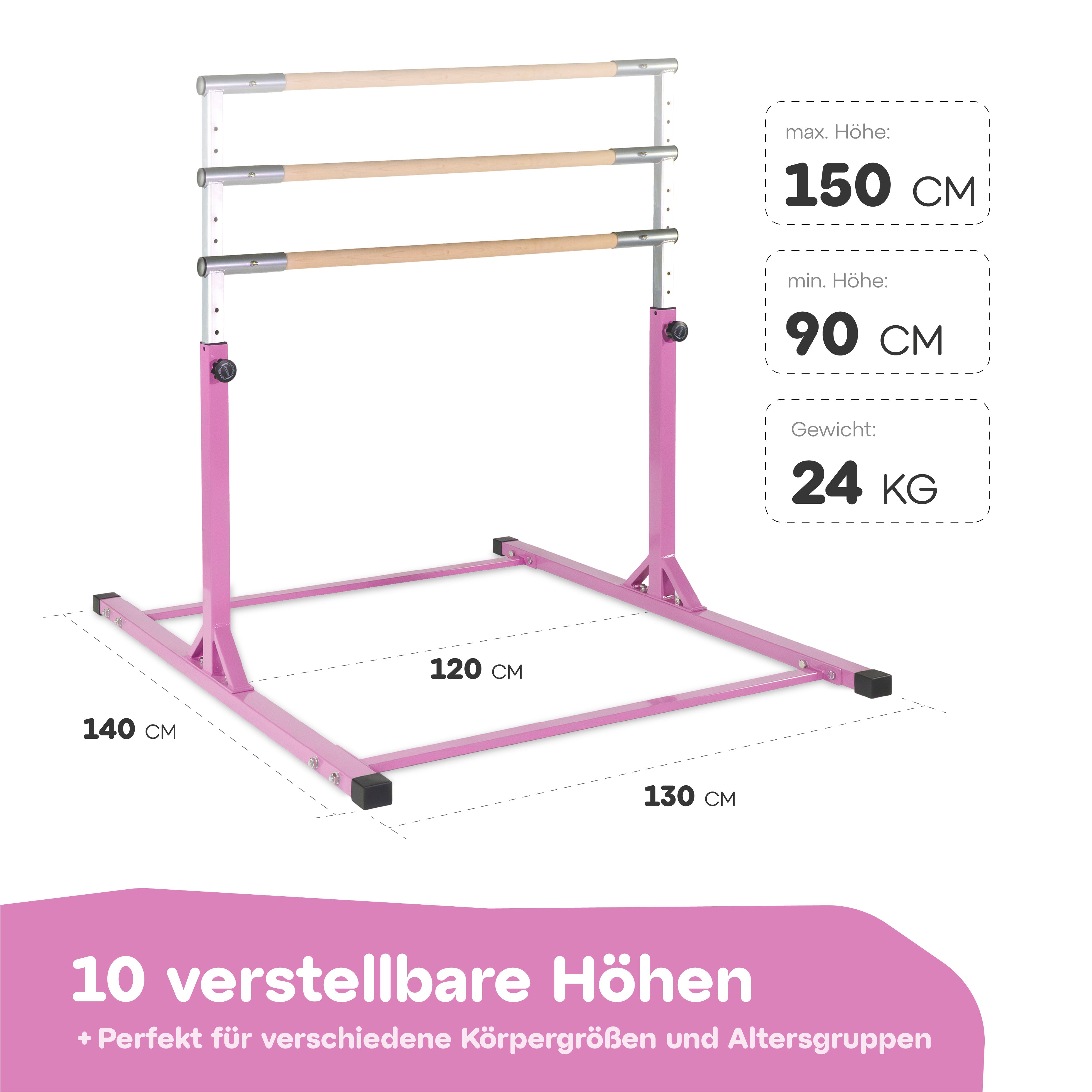 pinkes Turnreck mit 10 verstellbaren Höhen von 90 cm bis 150 cm. Ideal für verschiedene Körpergrößen und Altersgruppen. Maximale Breite 140 cm, Tiefe 130 cm, und ein Gewicht von 24 kg.