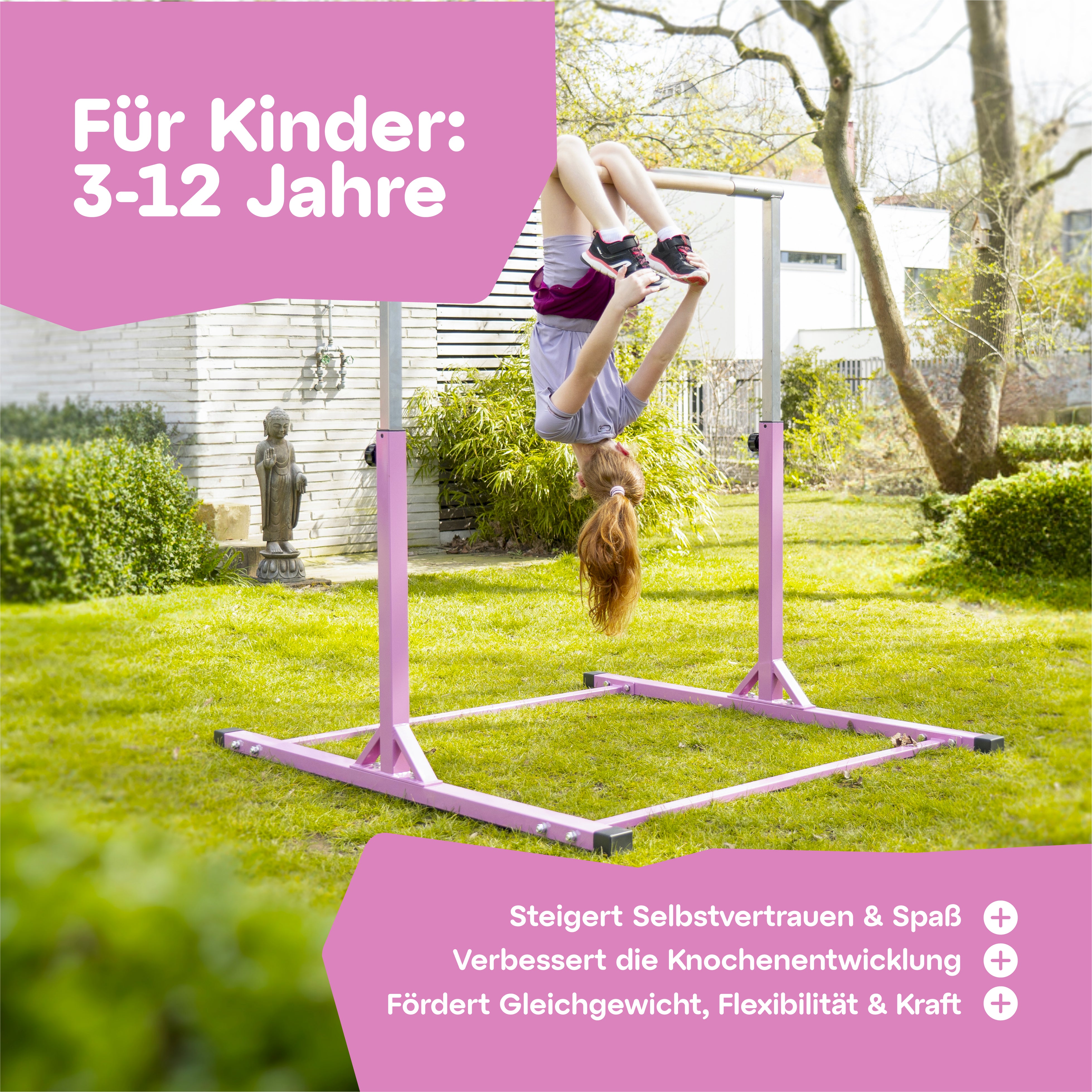 Mädchen turnt kopfüber an einem pinken Turnreck im Garten. Das Turngerät fördert Selbstvertrauen, Knochenentwicklung und die motorischen Fähigkeiten von Kindern im Alter von 3 bis 15 Jahren.