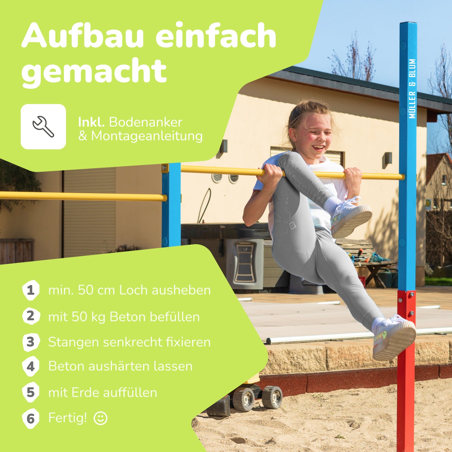 Mädchen turnt fröhlich an einer höhenverstellbaren Reckstange eines Outdoor-Turngeräts im Garten. Die Aufbauanleitung zeigt die einfache Montage mit Bodenanker und Beton für das Klettergerüst für Kinder.