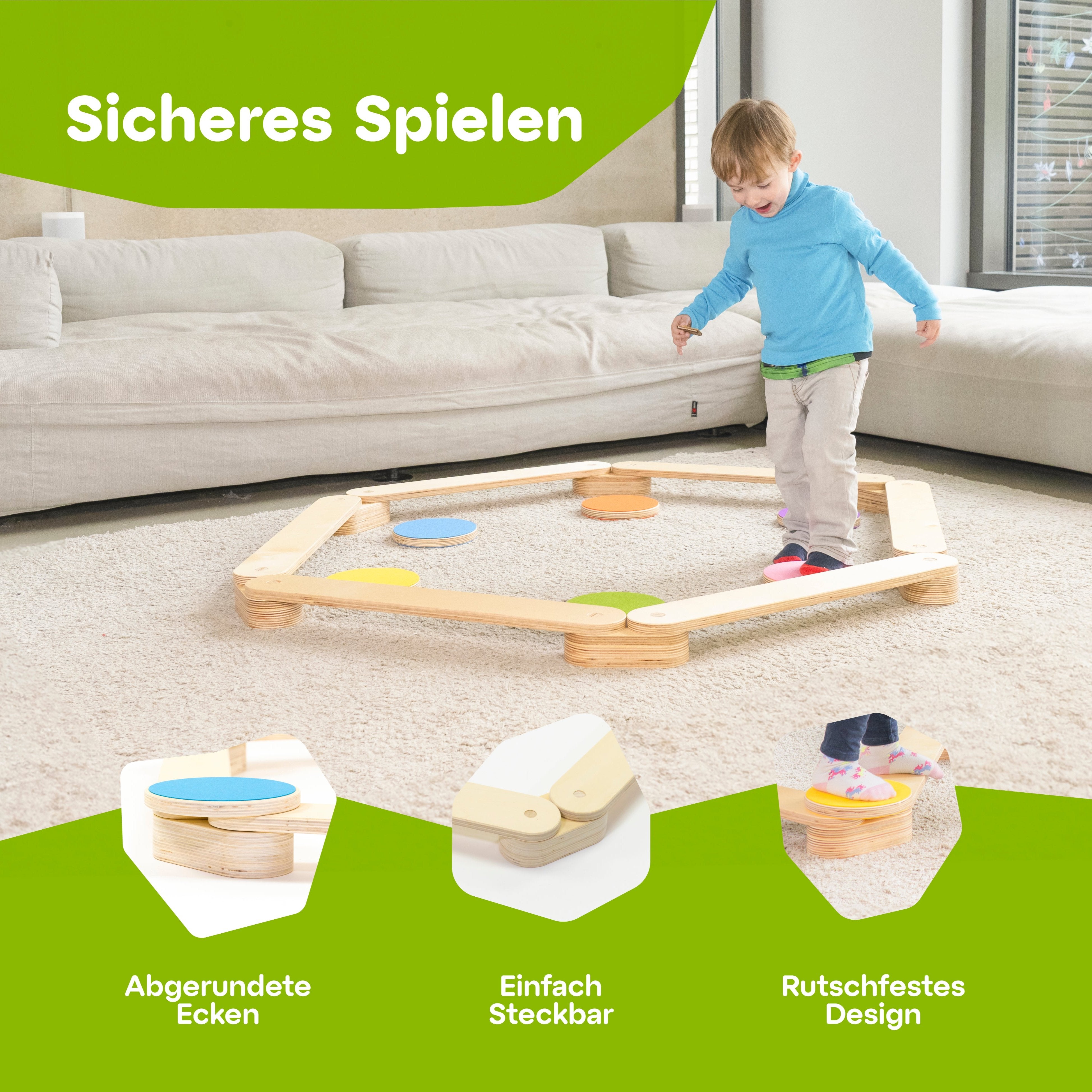 Kind spielt auf einem sicher gestalteten Balancierbalken-Set mit abgerundeten Ecken und rutschfestem Design, ideal für Indoor-Spiele.