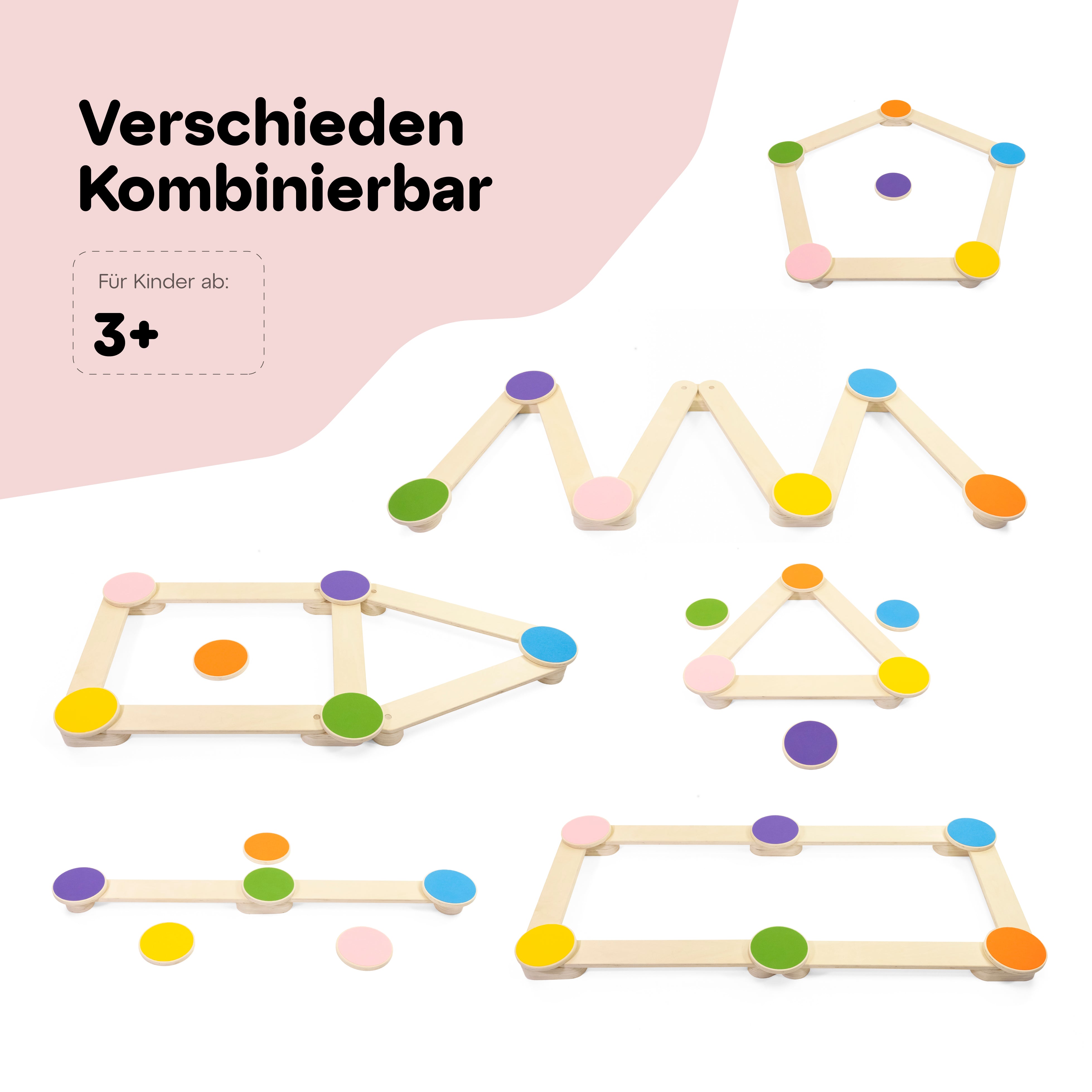 Verschiedene Kombinationen Balancierbalken für Kinder ab 3 Jahren, in kreativen Formen angeordnet.