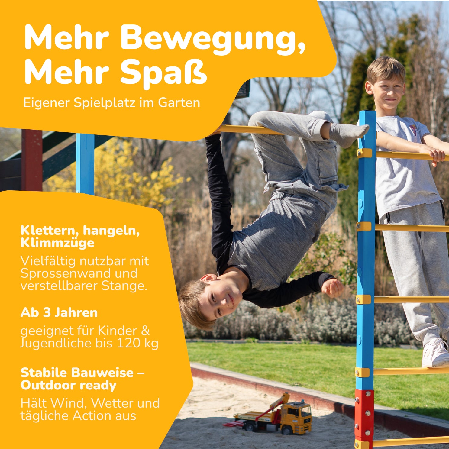 Zwei Kinder spielen fröhlich an einem Outdoor-Turnreck mit Sprossenwand und höhenverstellbarer Reckstange im Garten. Das stabile Turngerät eignet sich ideal zum Klettern, Hangeln und als Spielgerät für Kinder ab 3 Jahren.