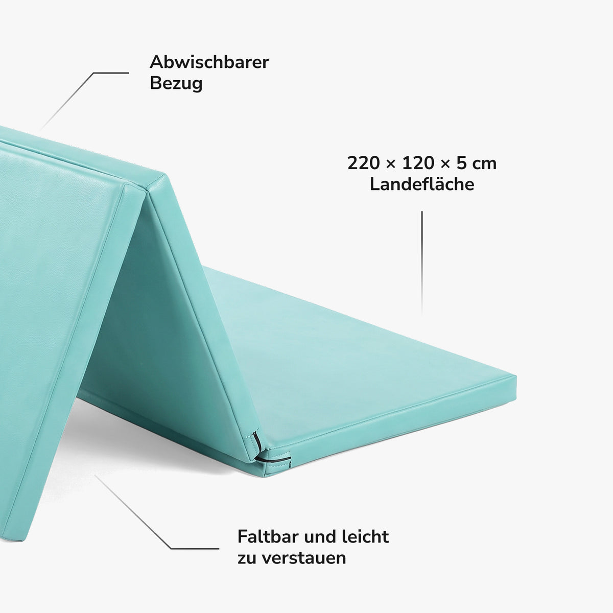 Faltbare Turnmatte in Türkisgrün, halb aufgeklappt, 220 × 120 × 5 cm groß mit abwischbarem Bezug
