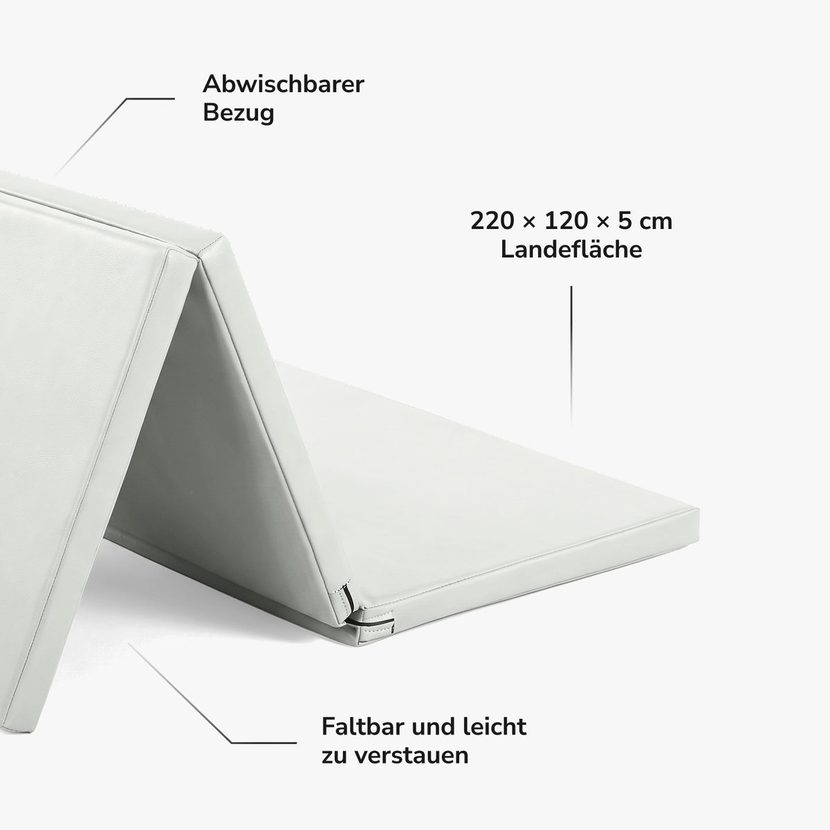 Faltbare Turnmatte in Warmgrau, halb aufgeklappt, 220 × 120 × 5 cm groß mit abwischbarem Bezug