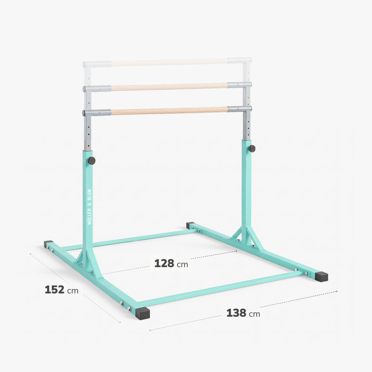 Höhenverstellbares Turnreck in Türkisgrün mit drei Stangenhöhen und Maßangaben der Standfläche: 152 cm, 138 cm und 128 cm