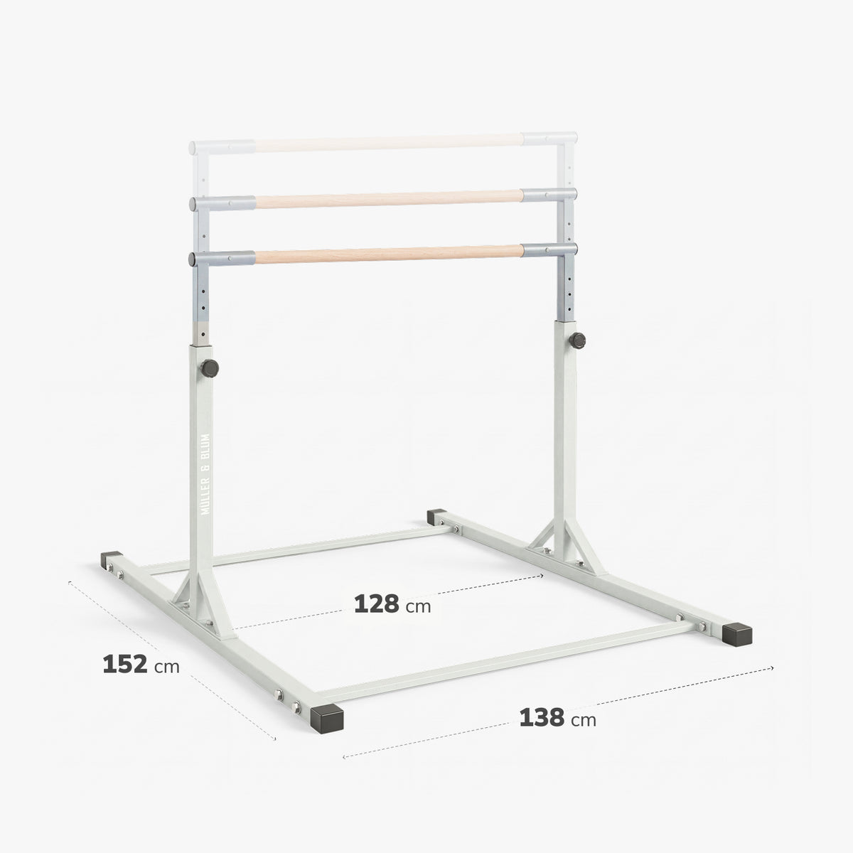 Höhenverstellbares Turnreck in Warmgrau mit drei Stangenhöhen und Maßangaben der Standfläche: 152 cm, 138 cm und 128 cm