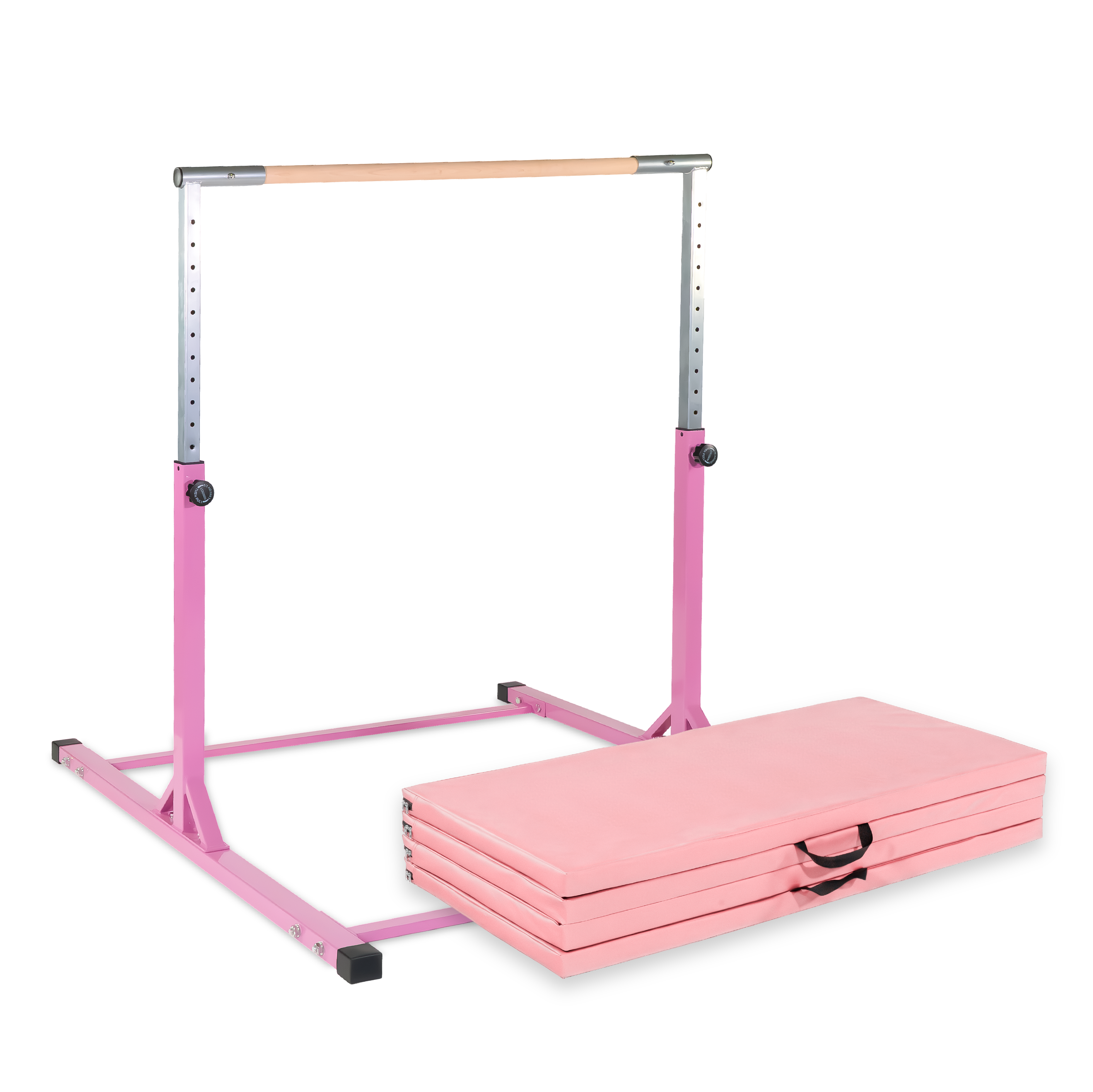 Pinkes Turnreck mit passender Matte für Kinder. Das höhenverstellbare Turngerät bietet sichere Trainingsmöglichkeiten und fördert die motorische Entwicklung