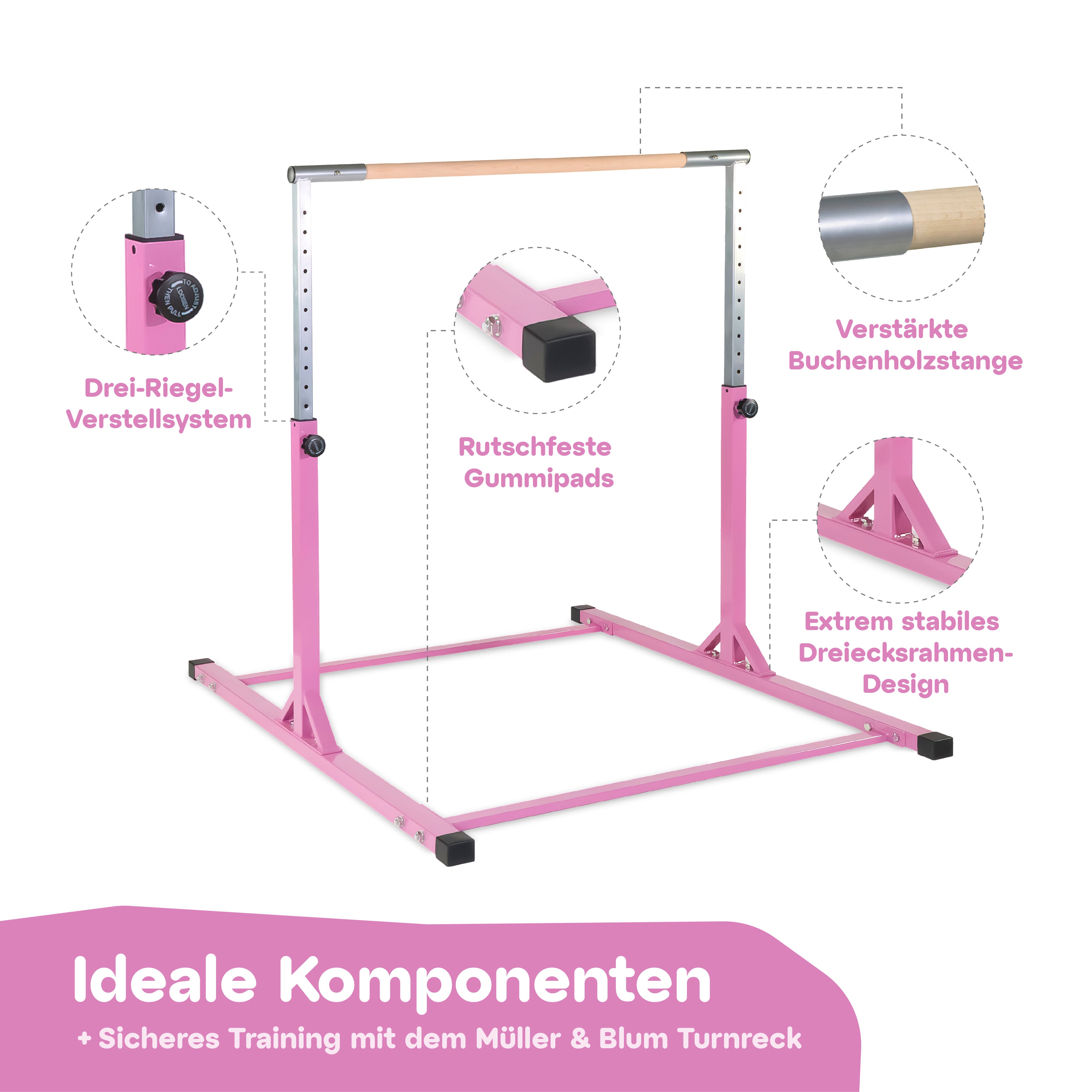 Pinkes Turnreck mit verstärkter Buchenholzstange, rutschfesten Gummipads und stabilem Dreiecksrahmen-Design. Ideal für sicheres Kindertraining mit höhenverstellbarer Stange und robuster Konstruktion.